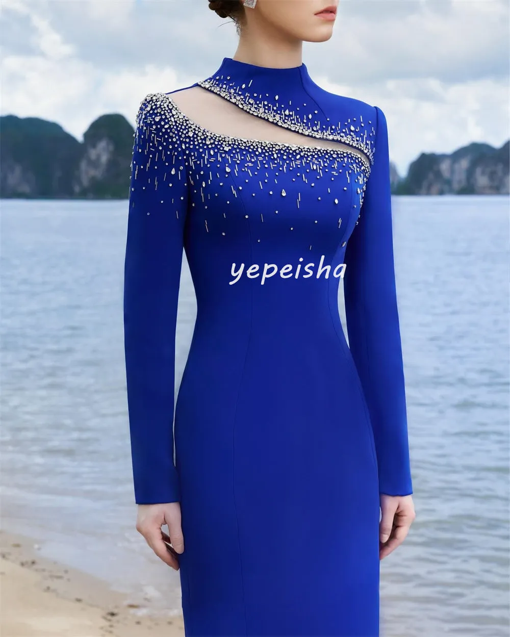 JazzHer Customized Sparkle Modern Style Jersey Beading Sequined Straight High Collar Long Dresses Bespoke Occasion Dresses Exquisite (PRE-ORDER)