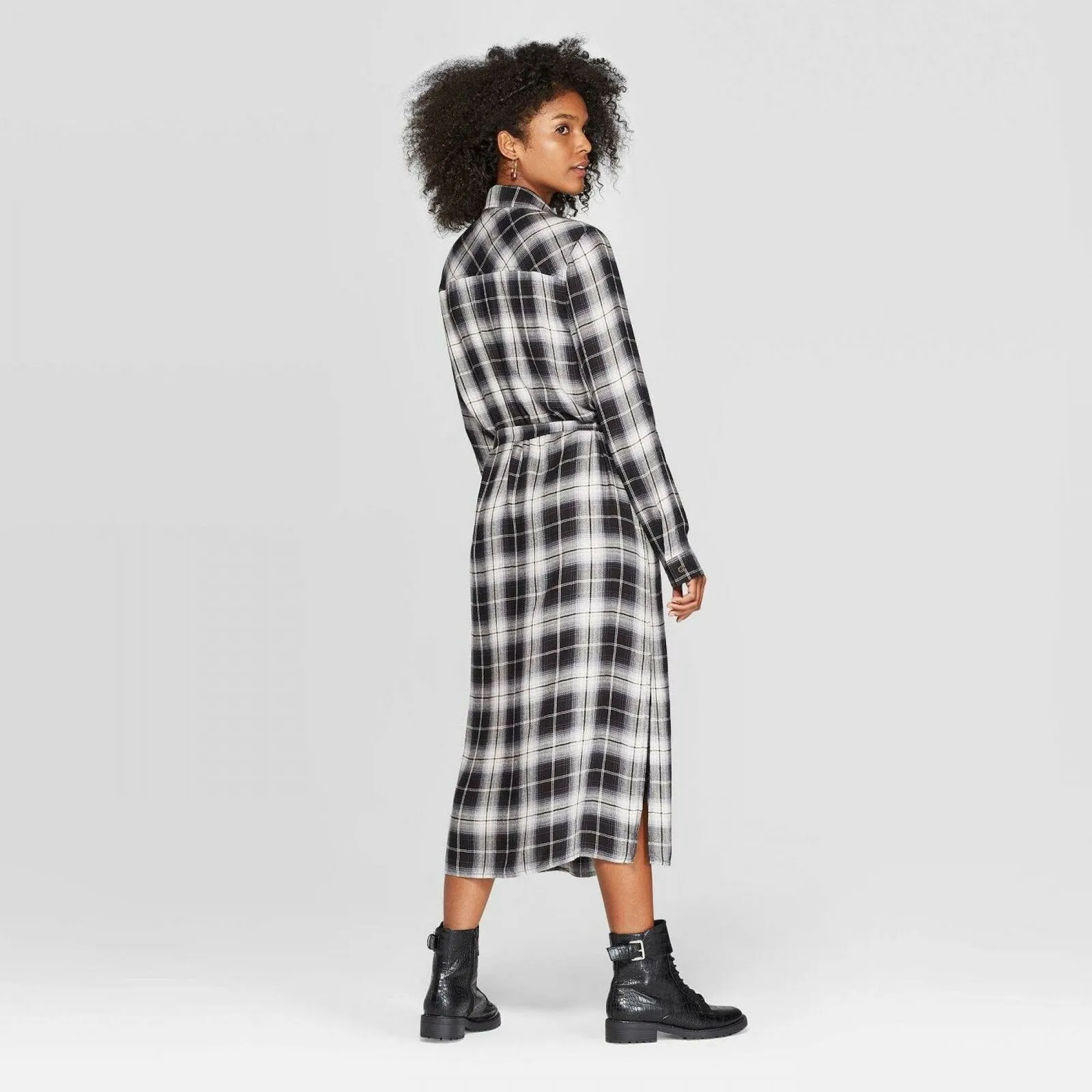 Knox Rose Women's Plaid Long Sleeve Button Front Shirt Dress