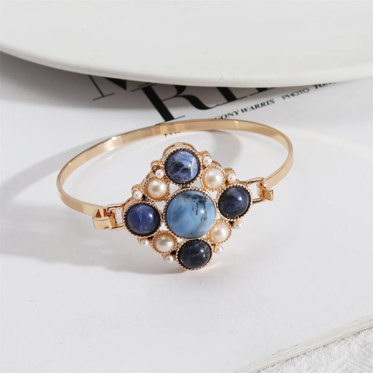 Lapis & Pearl 18K Gold-Plated Floral Bangle