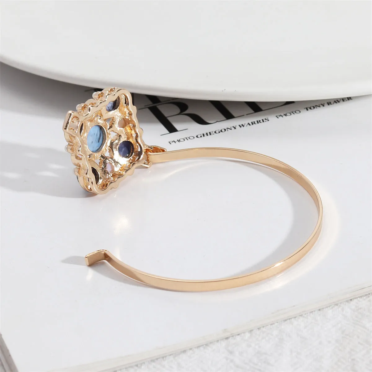 Lapis & Pearl 18K Gold-Plated Floral Bangle