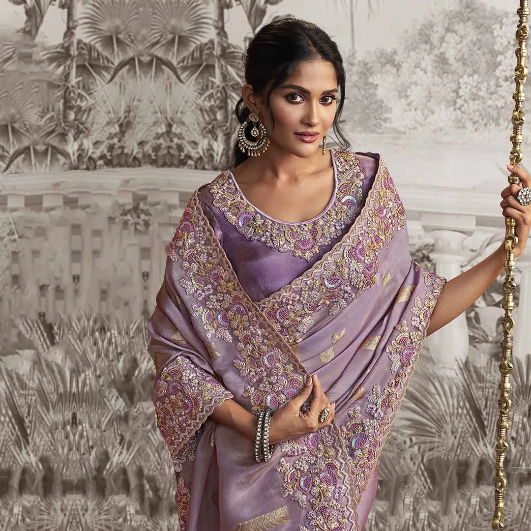 Lavish Lavender Zardozi Work Saree with Intricate Detailing