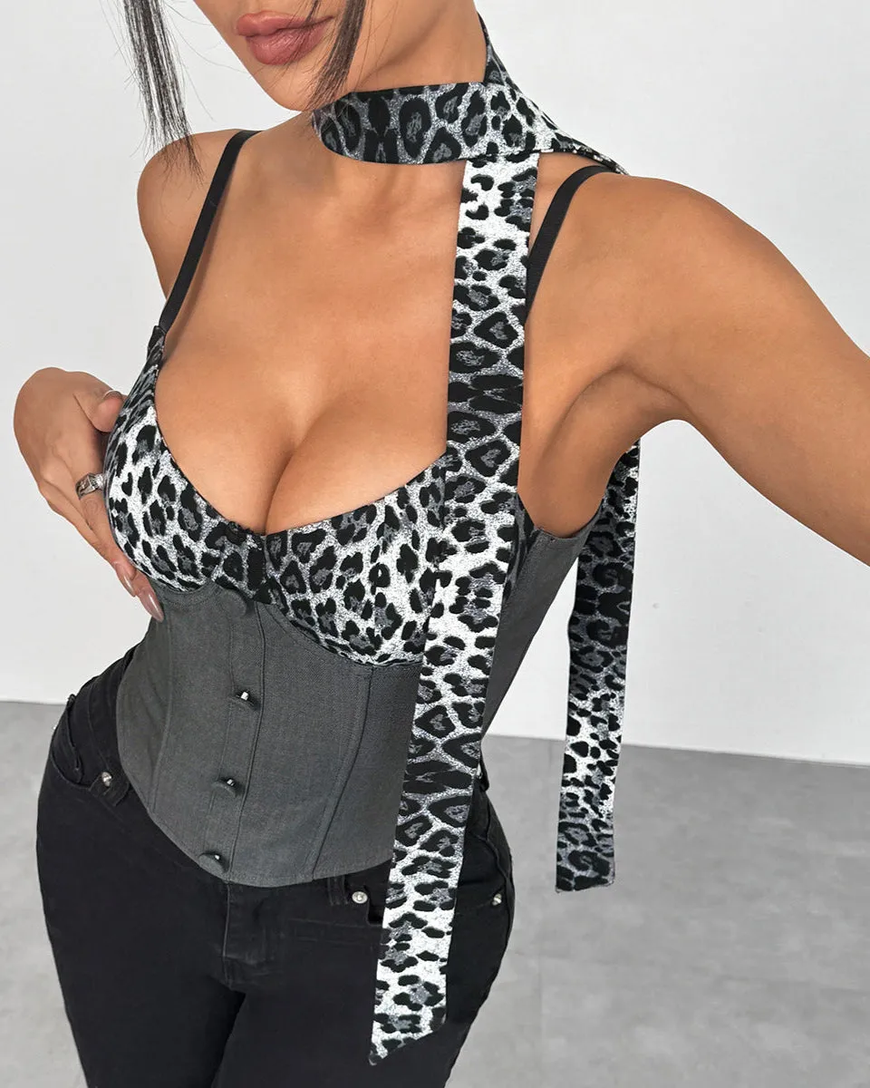 Leopard Corset Top –|Sexy Bustier Crop with Contrast Detail and Button Front