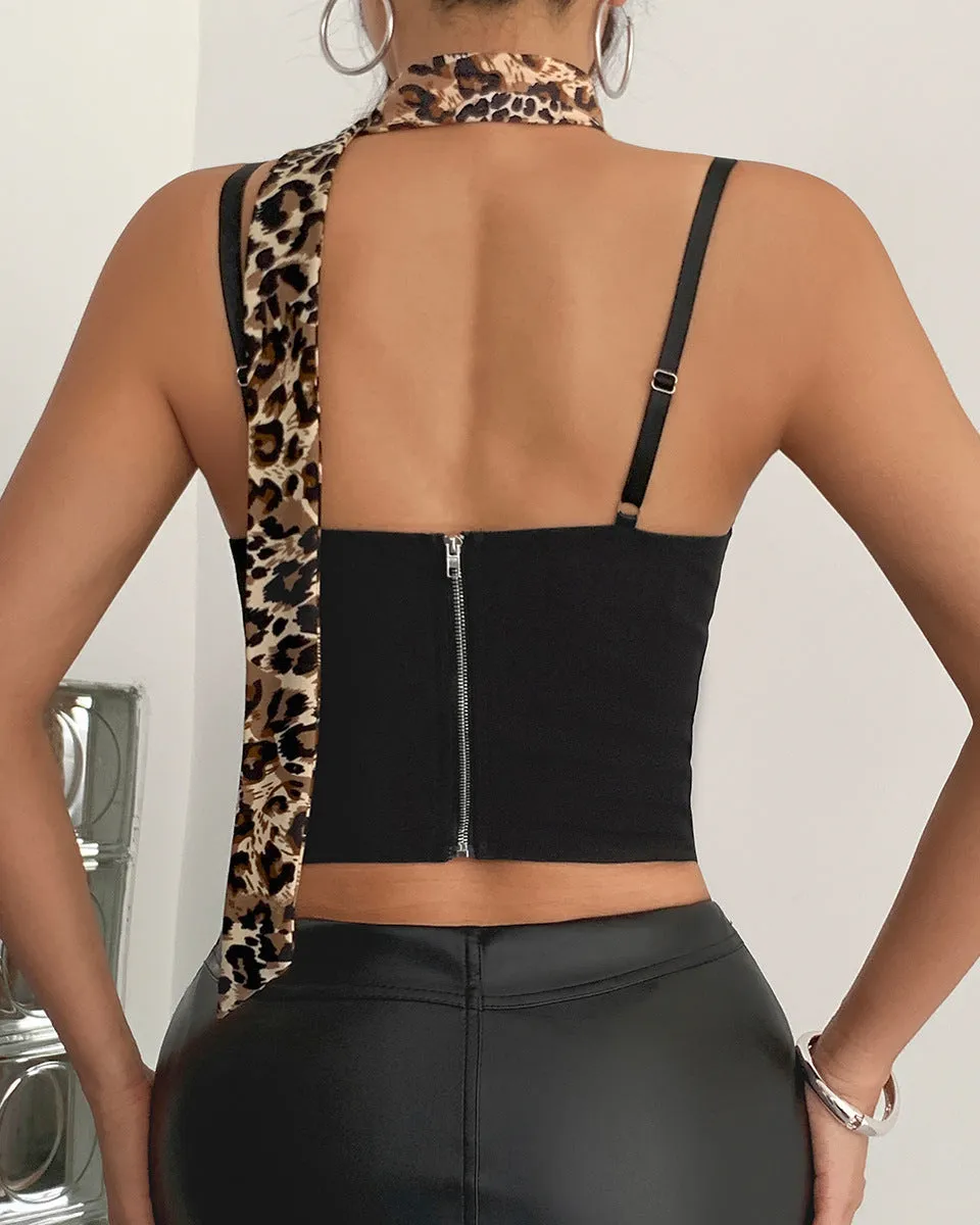 Leopard Corset Top –|Sexy Bustier Crop with Contrast Detail and Button Front