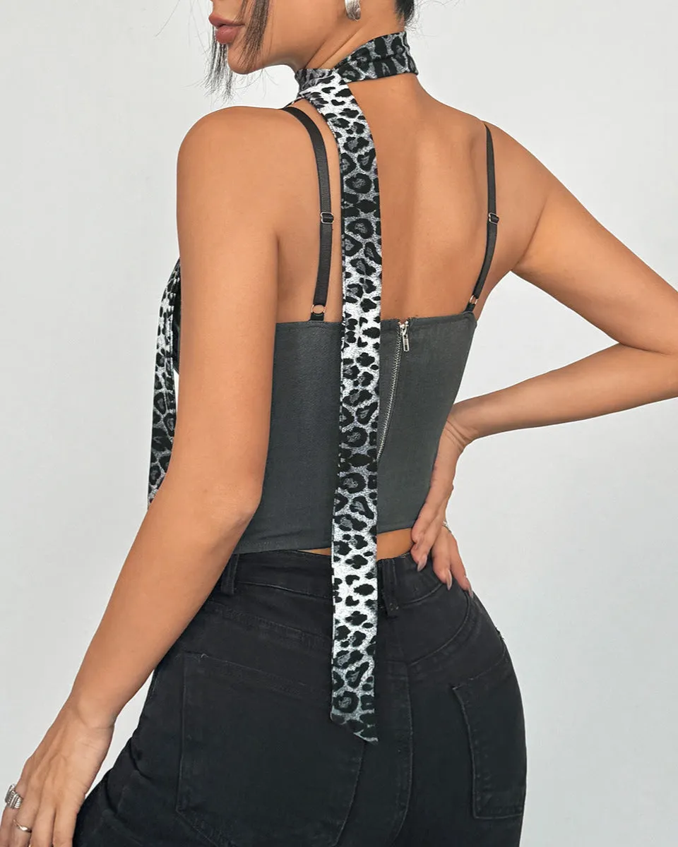 Leopard Corset Top –|Sexy Bustier Crop with Contrast Detail and Button Front