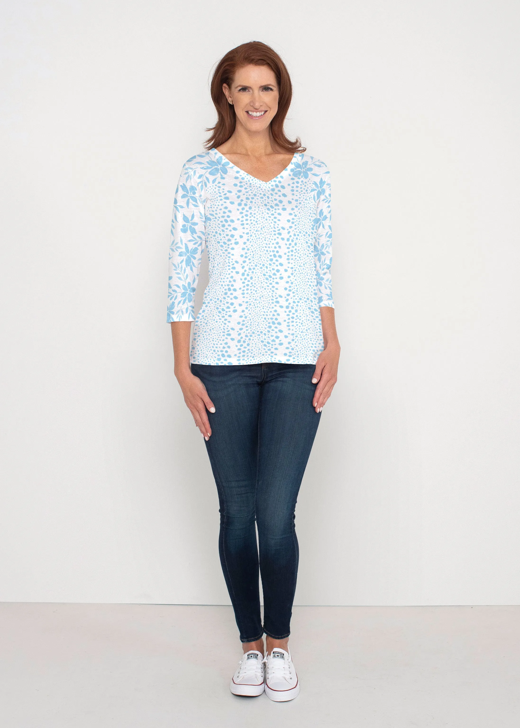 Leopard Rose Aqua (8028) ~ Signature 3/4 Sleeve V-Neck Top