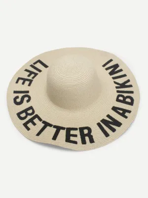 Letter Print Wide Brim Straw Hat