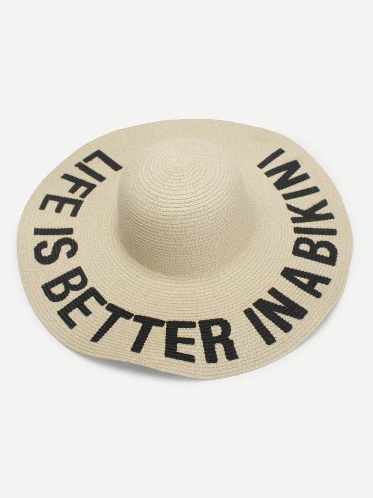 Letter Print Wide Brim Straw Hat