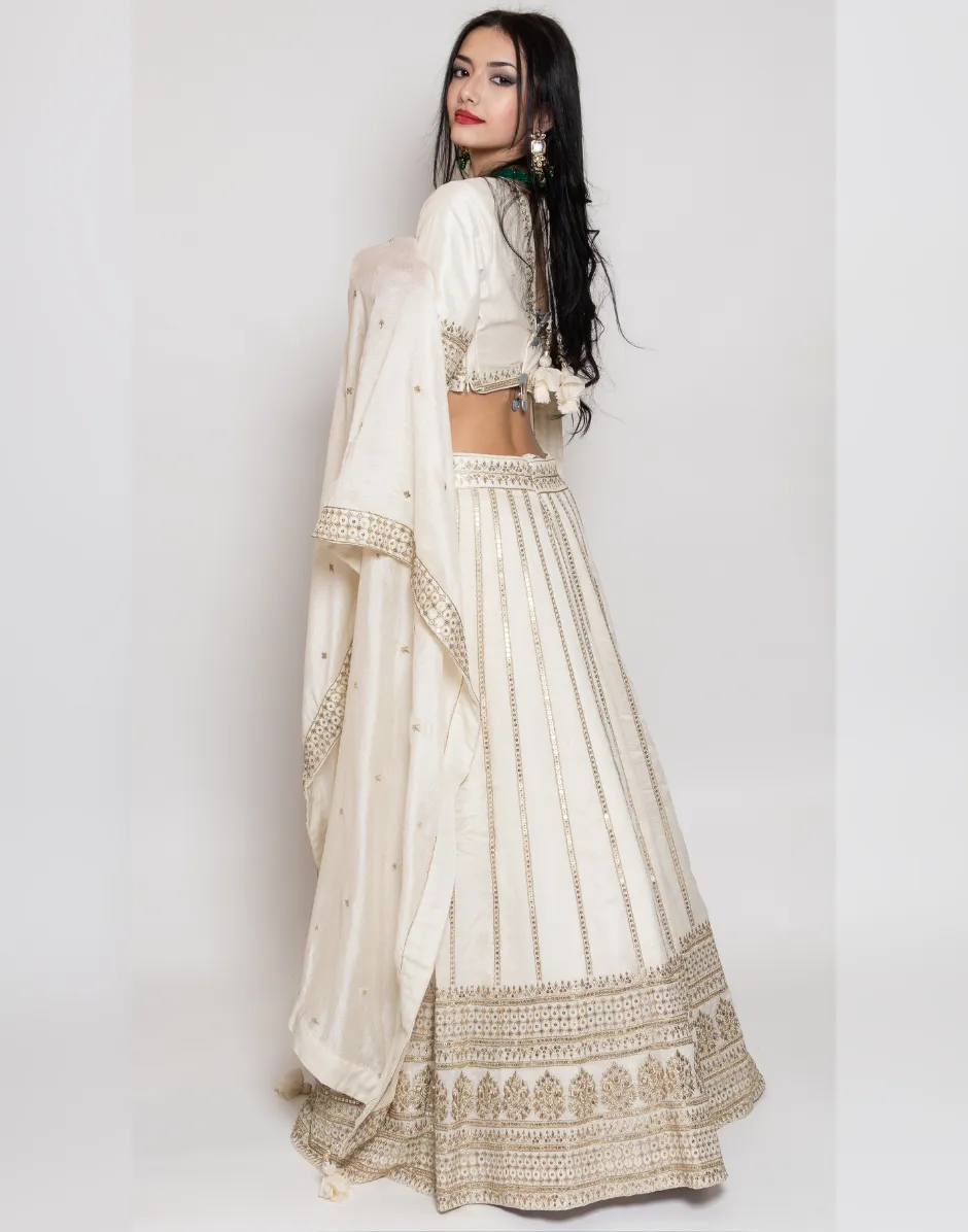 Luxurious Ivory Embroidered & Embellished Silk Lehenga Exquisite Bridal & Festive Wear