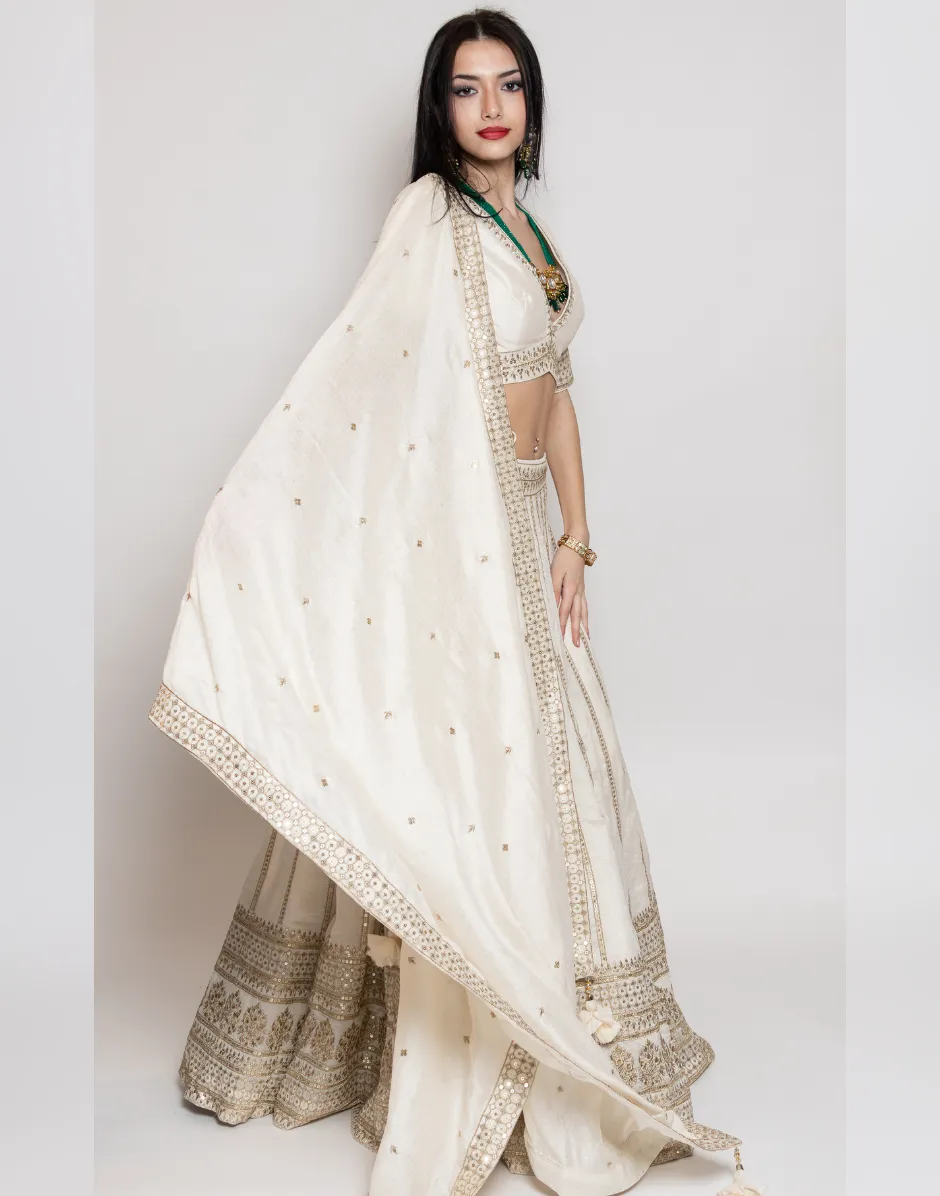 Luxurious Ivory Embroidered & Embellished Silk Lehenga Exquisite Bridal & Festive Wear