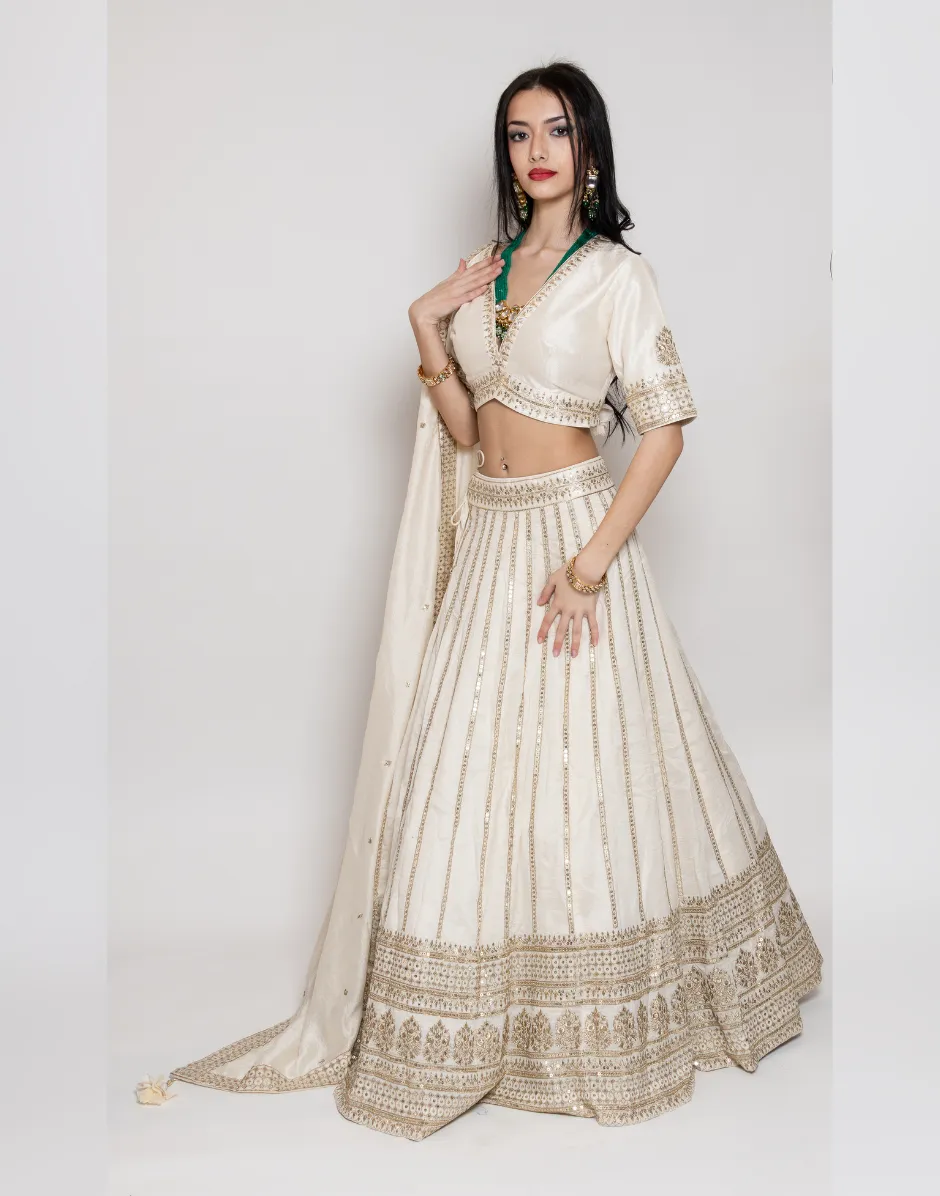 Luxurious Ivory Embroidered & Embellished Silk Lehenga Exquisite Bridal & Festive Wear