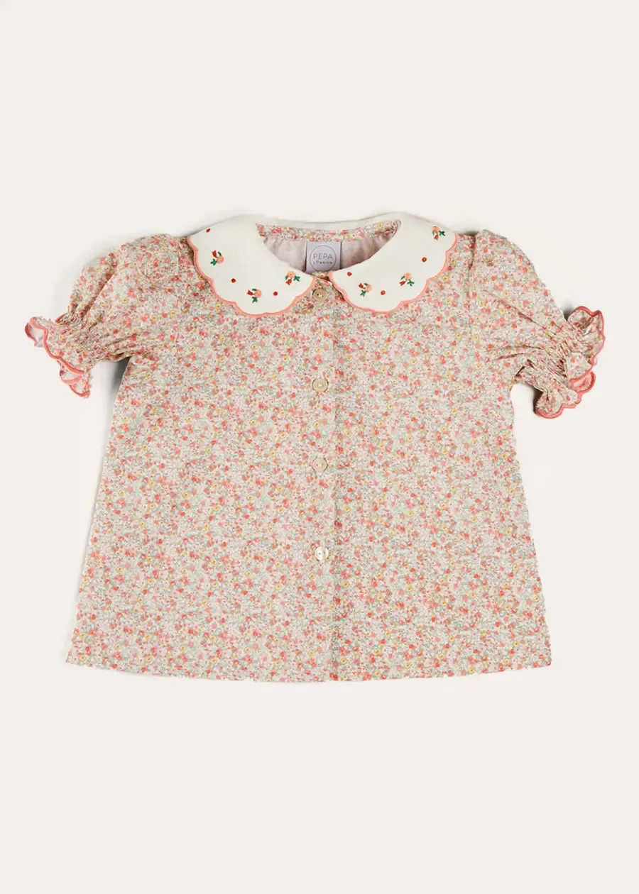 Mabel Floral Embroidered Short Sleeve Blouse in Coral (18mths-10yrs)