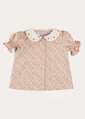 Mabel Floral Embroidered Short Sleeve Blouse in Coral (18mths-10yrs)