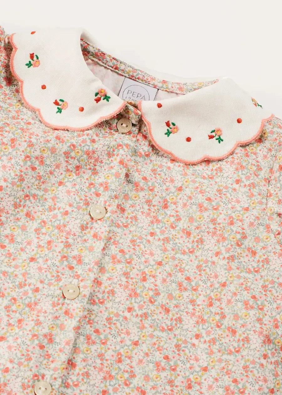Mabel Floral Embroidered Short Sleeve Blouse in Coral (18mths-10yrs)