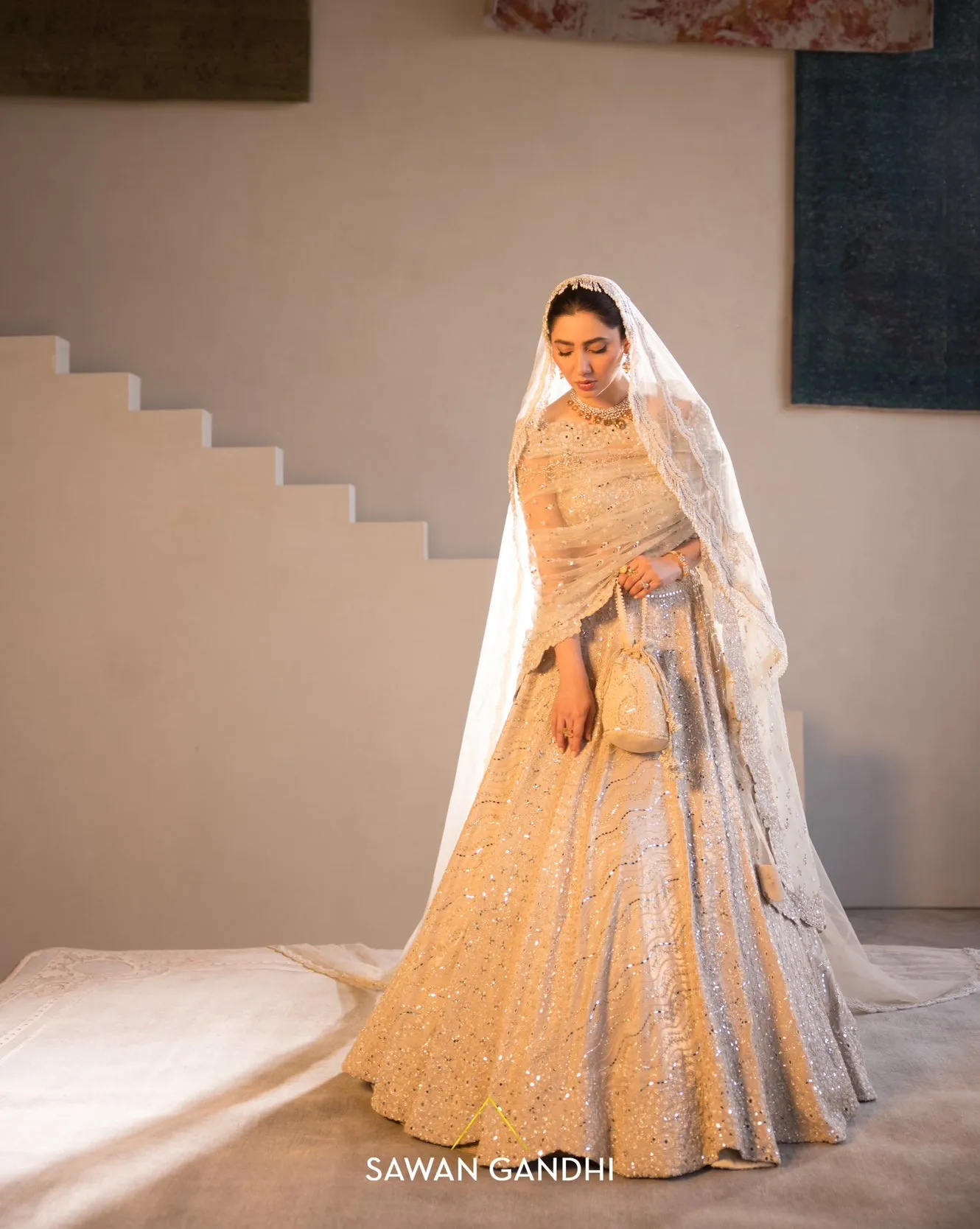 Mahira Khan in Gold beige beadwork lehenga