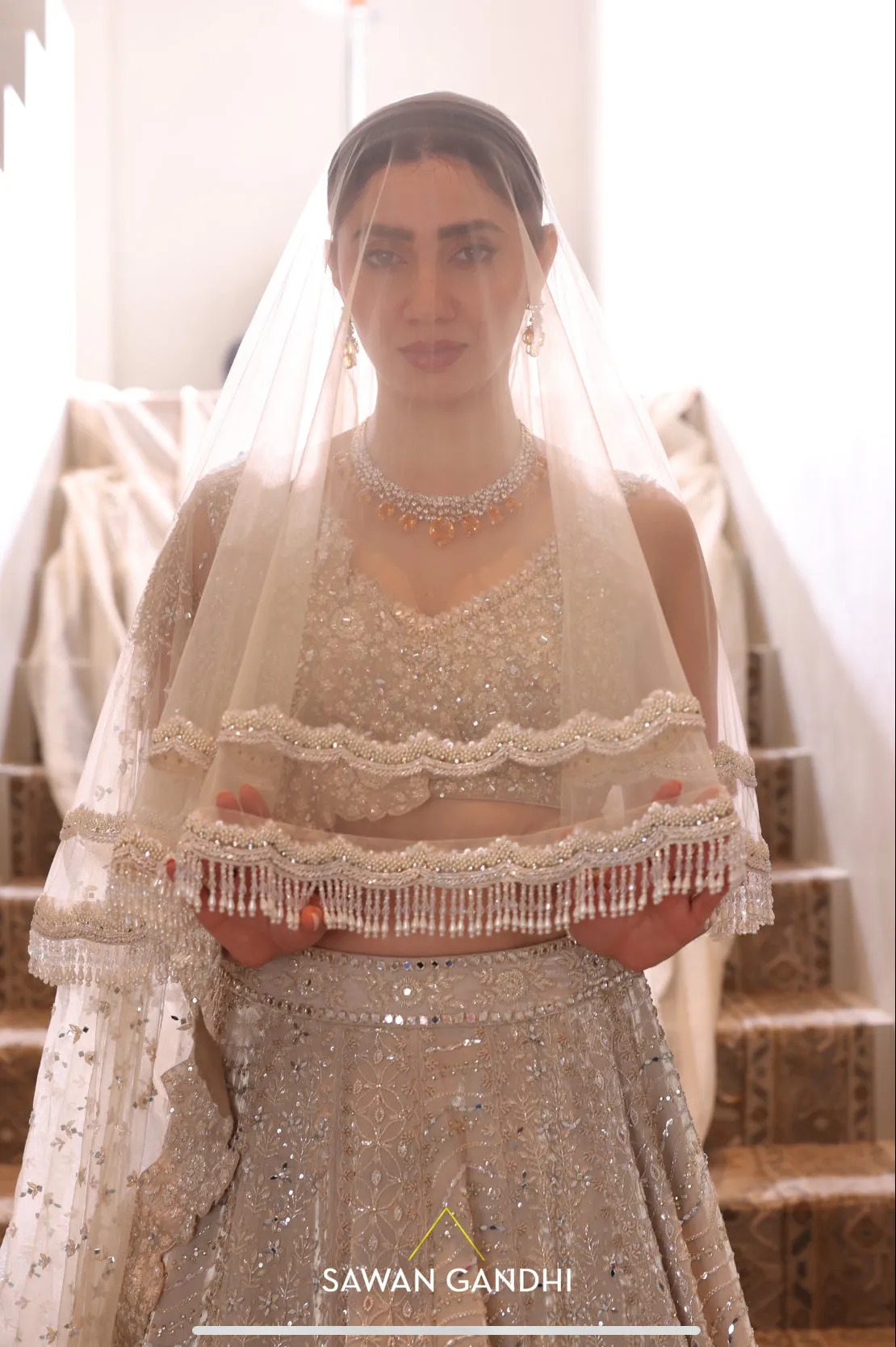 Mahira Khan in Gold beige beadwork lehenga
