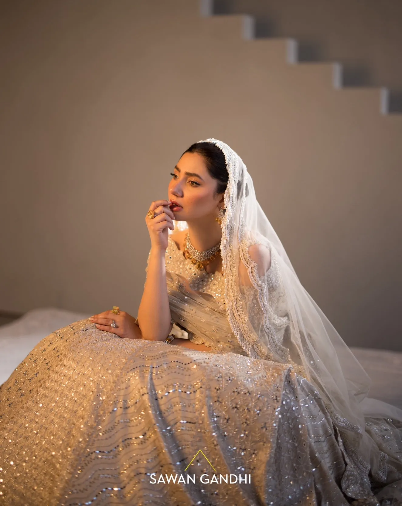 Mahira Khan in Gold beige beadwork lehenga