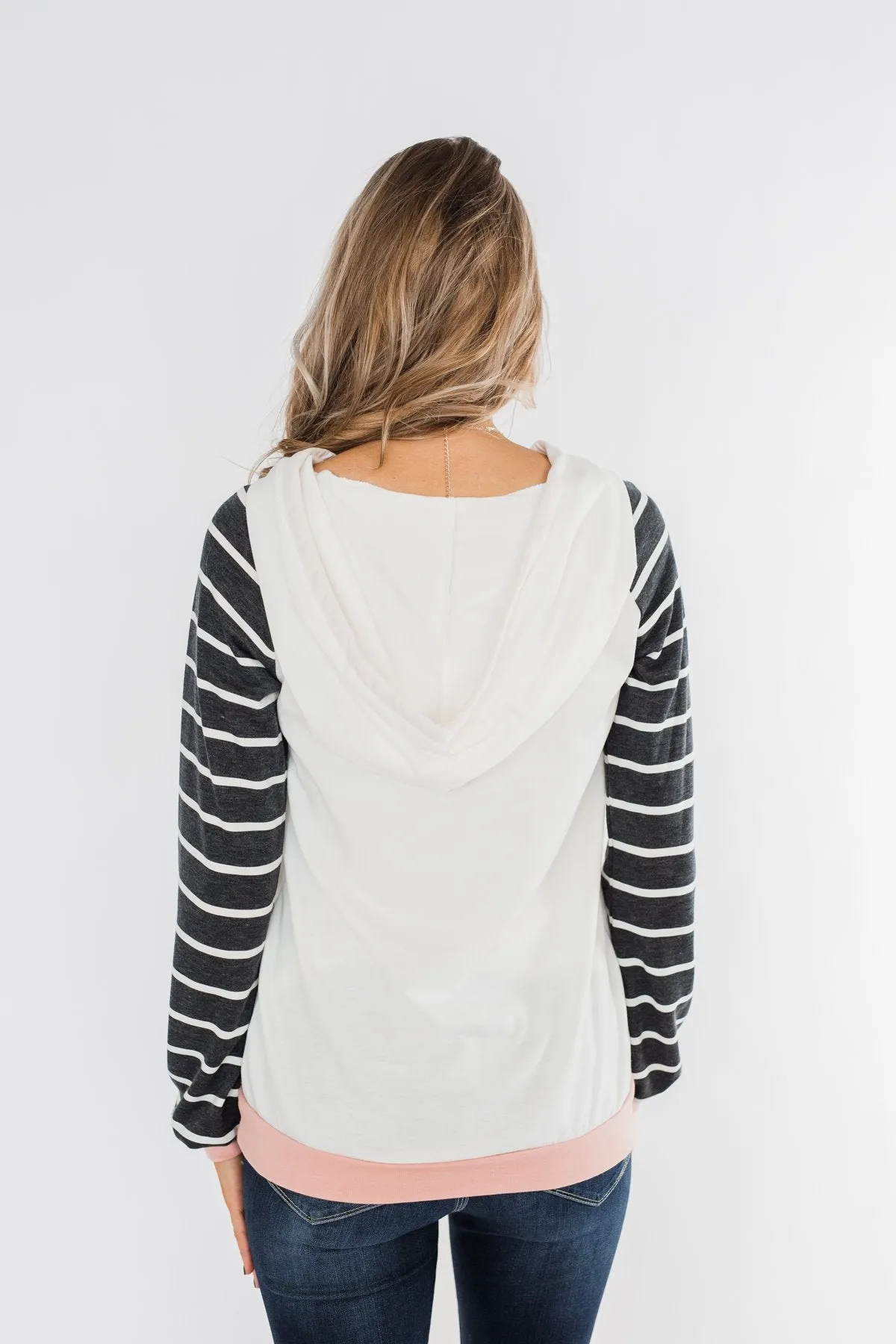 Make Me Blush Striped Hoodie- Ivory, Charcoal, & Blush