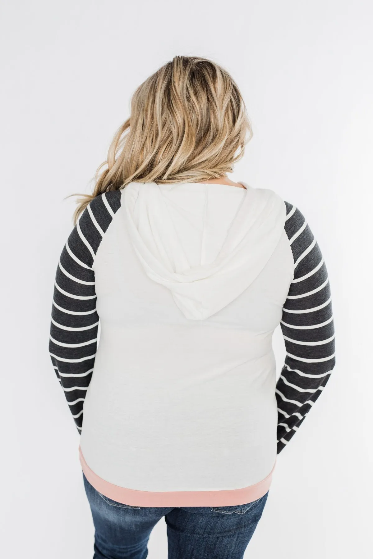Make Me Blush Striped Hoodie- Ivory, Charcoal, & Blush