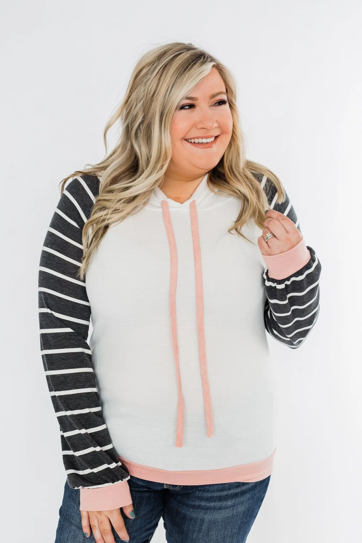 Make Me Blush Striped Hoodie- Ivory, Charcoal, & Blush