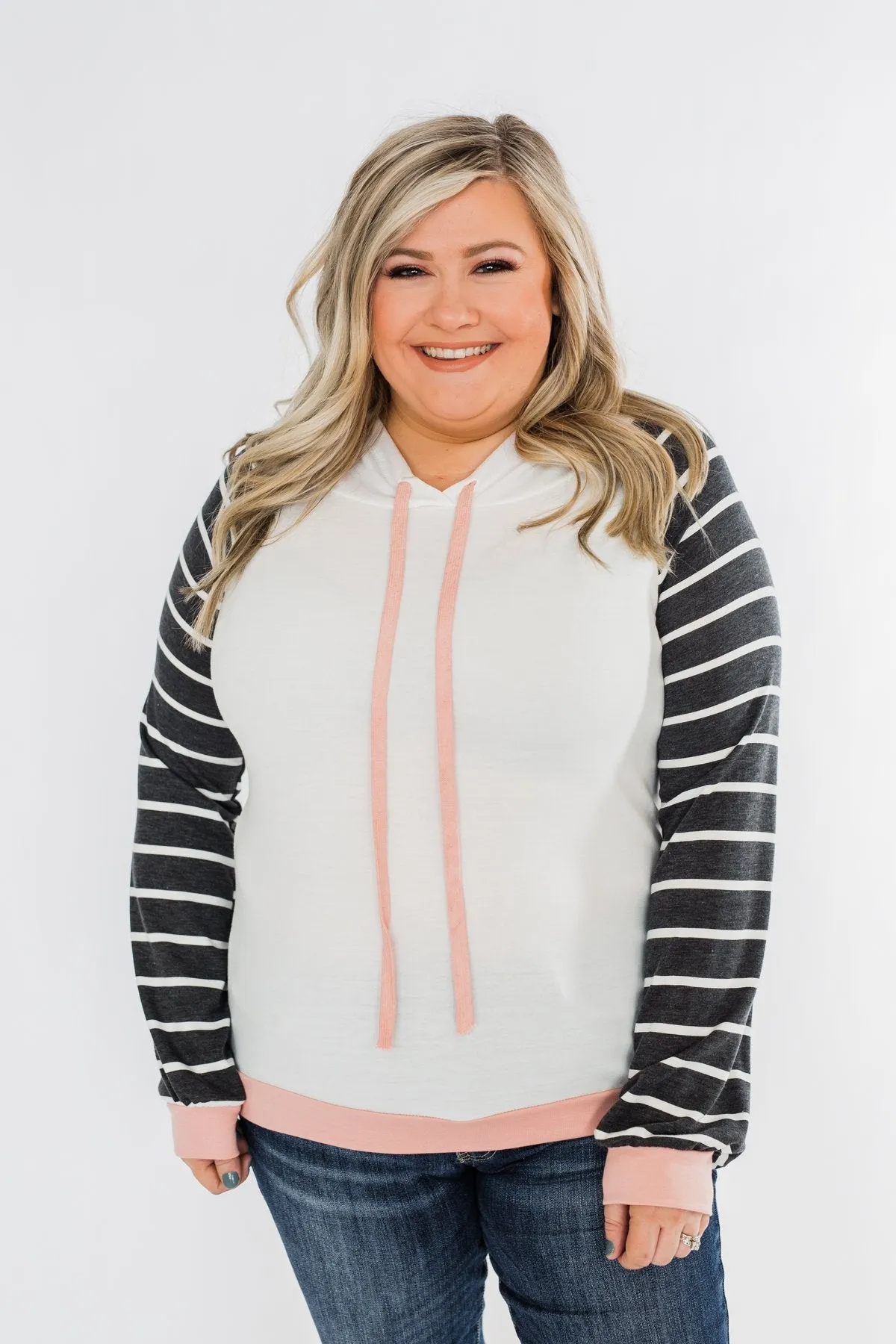 Make Me Blush Striped Hoodie- Ivory, Charcoal, & Blush
