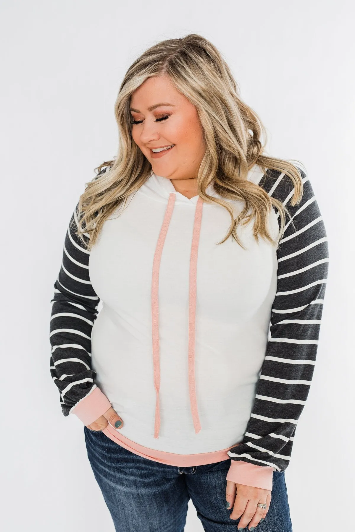 Make Me Blush Striped Hoodie- Ivory, Charcoal, & Blush