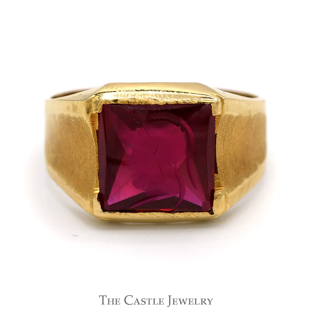 Men's Synthetic Ruby Intaglio Ring with Brush Textured Sides in 18k Yellow Gold