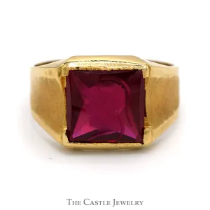 Men's Synthetic Ruby Intaglio Ring with Brush Textured Sides in 18k Yellow Gold