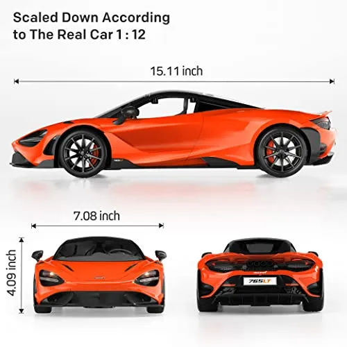 MIEBELY McLaren 765LT RC Car, 1/12 Scale Genuine McLaren Remote Control Car – 2.4GHz McLaren Toy Car with Detachable Steering Ring – Max Speed 12km/h – Realistic Design with Functional Lights (Orange)