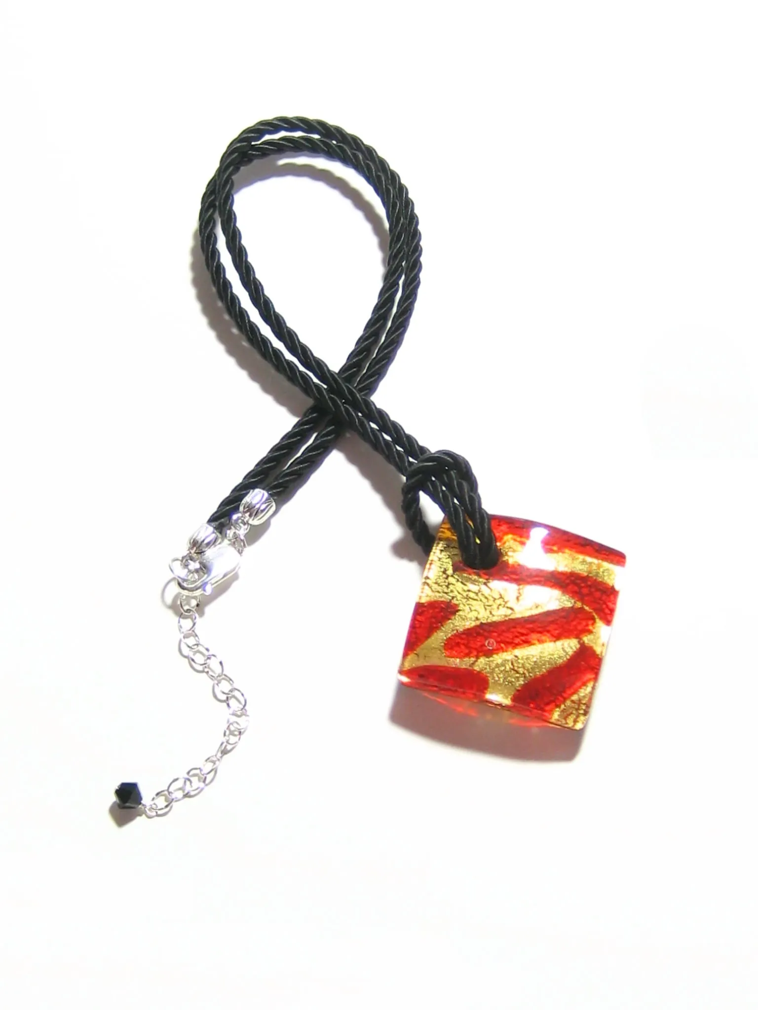 Murano Glass Cherry Red and Gold Zebra Diamond Pendant Necklace, Marked Murano