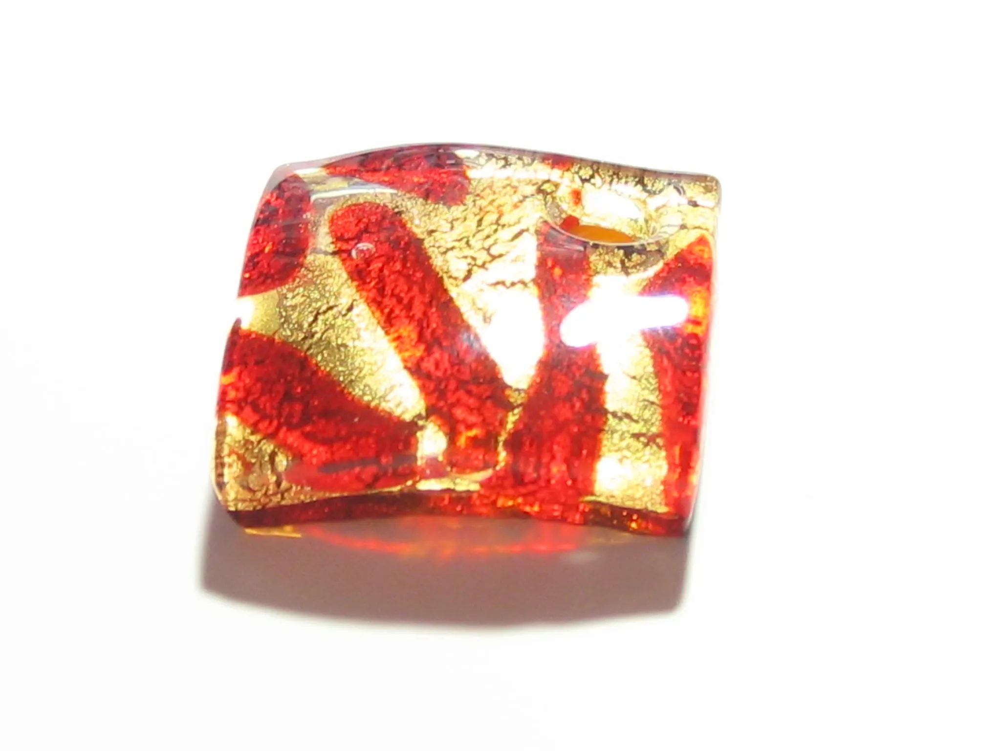 Murano Glass Cherry Red and Gold Zebra Diamond Pendant Necklace, Marked Murano