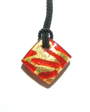 Murano Glass Cherry Red and Gold Zebra Diamond Pendant Necklace, Marked Murano