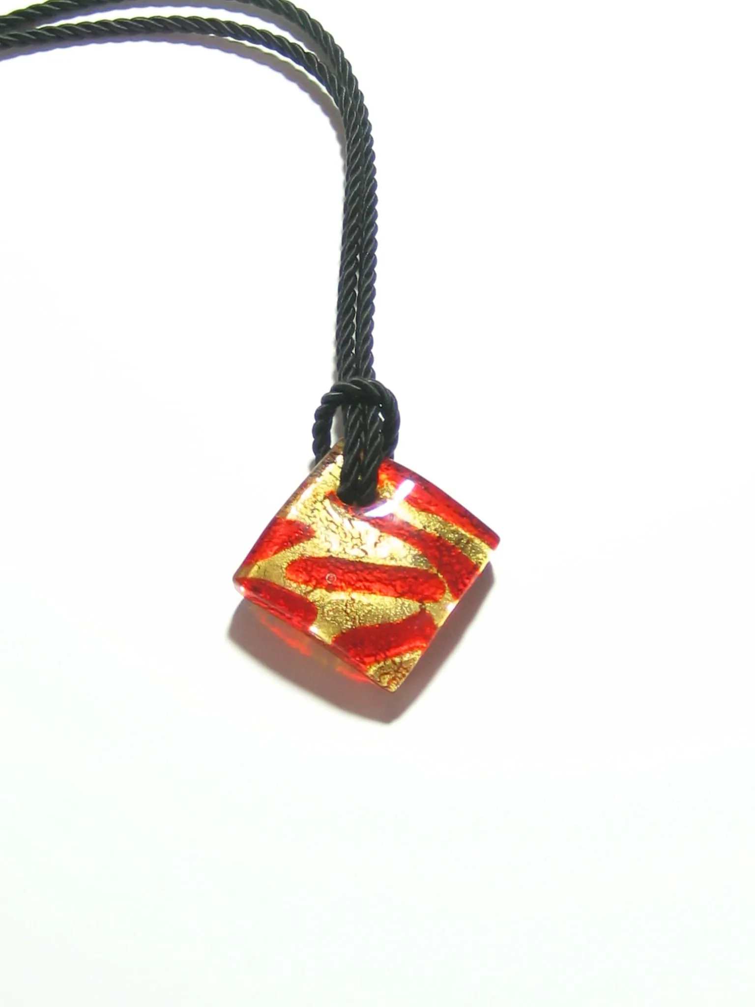 Murano Glass Cherry Red and Gold Zebra Diamond Pendant Necklace, Marked Murano