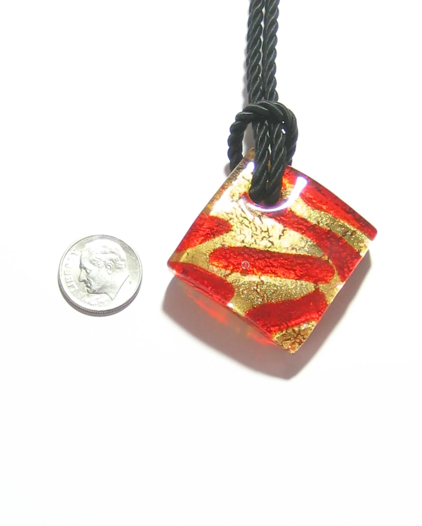 Murano Glass Cherry Red and Gold Zebra Diamond Pendant Necklace, Marked Murano