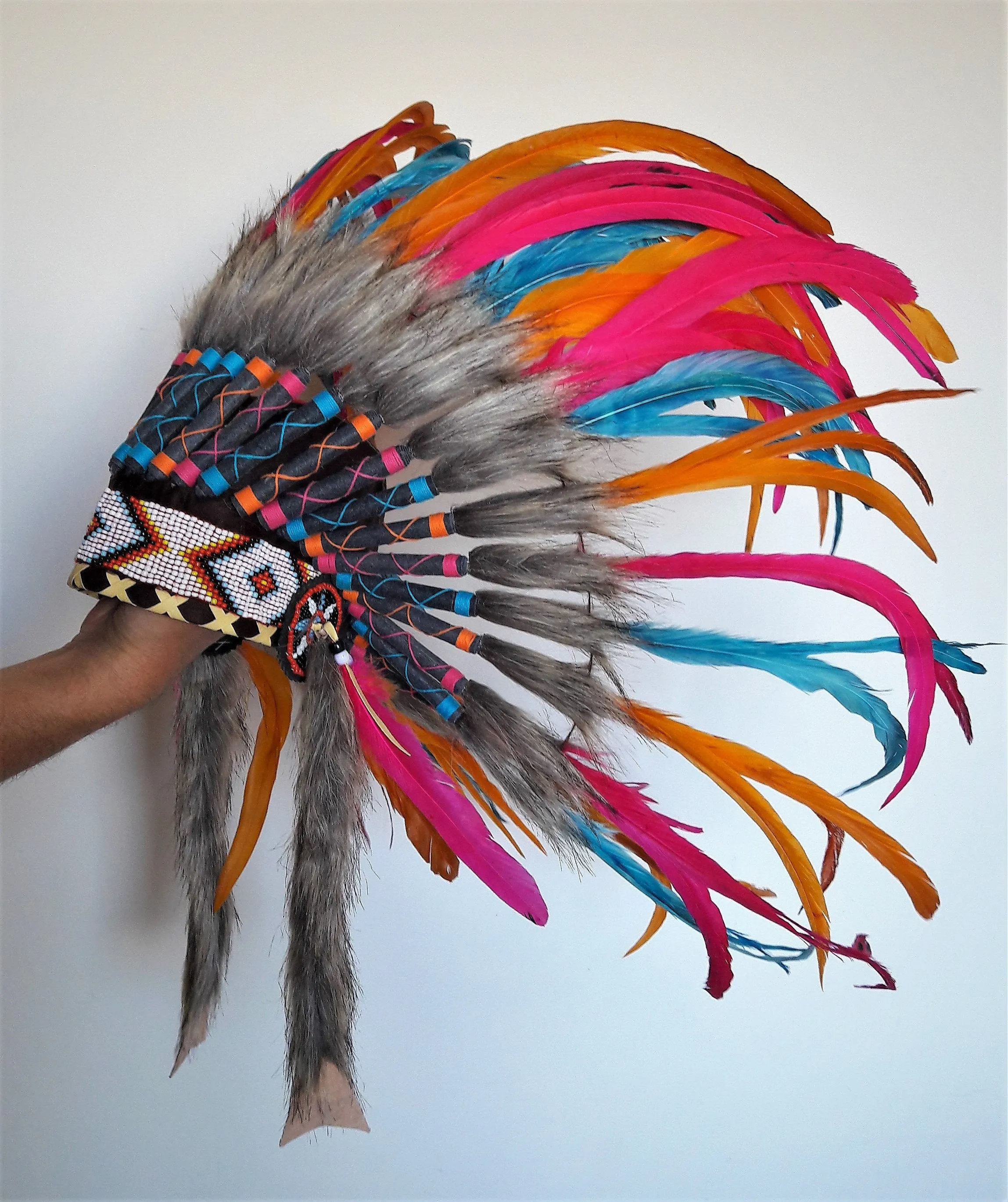 N27 - From 5-8 years Kid / Child's: Turquoise , orange, pink  and black feather Headdress 21 inch. – 53,34 cm.