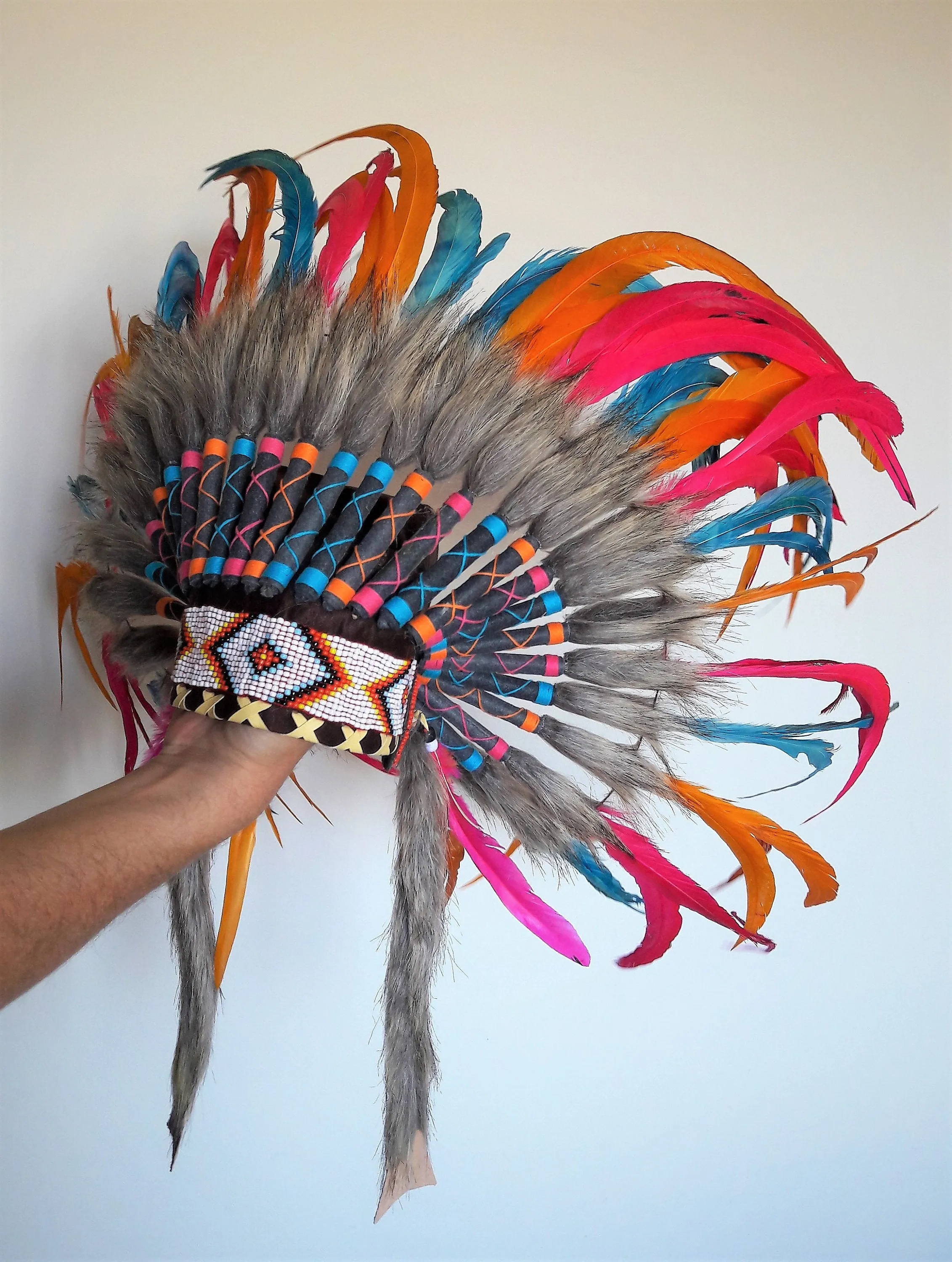 N27 - From 5-8 years Kid / Child's: Turquoise , orange, pink  and black feather Headdress 21 inch. – 53,34 cm.