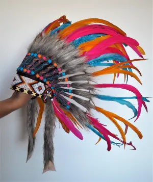 N27 - From 5-8 years Kid / Child's: Turquoise , orange, pink  and black feather Headdress 21 inch. – 53,34 cm.