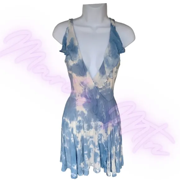 NEW GYPSY 05 Tie Dye Dress Flowy Ruffle V Neck Ruffle Blue Cloud Tie Dye SZ XS