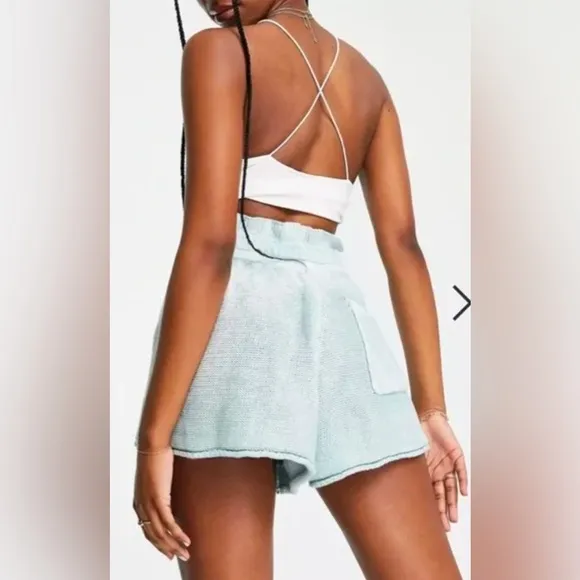 NWT Free People Summertime Blues Knit Short in Hint Of Sky Crochet Tie Waist
