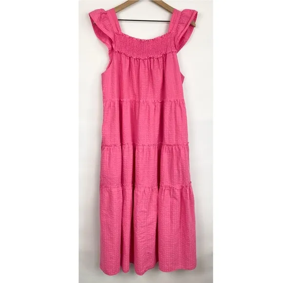 Old Navy Flutter Sleeve Tiered Smocked Midi Swing Dress, Pink - Size L