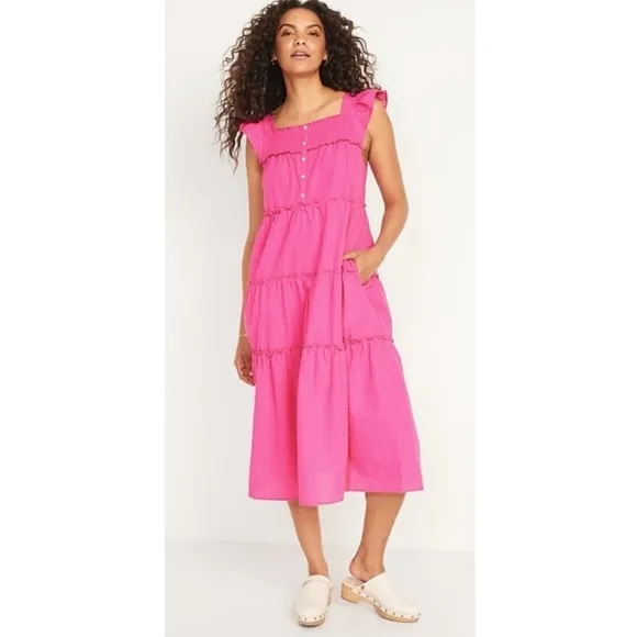 Old Navy Flutter Sleeve Tiered Smocked Midi Swing Dress, Pink - Size L