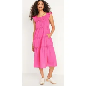 Old Navy Flutter Sleeve Tiered Smocked Midi Swing Dress, Pink - Size L