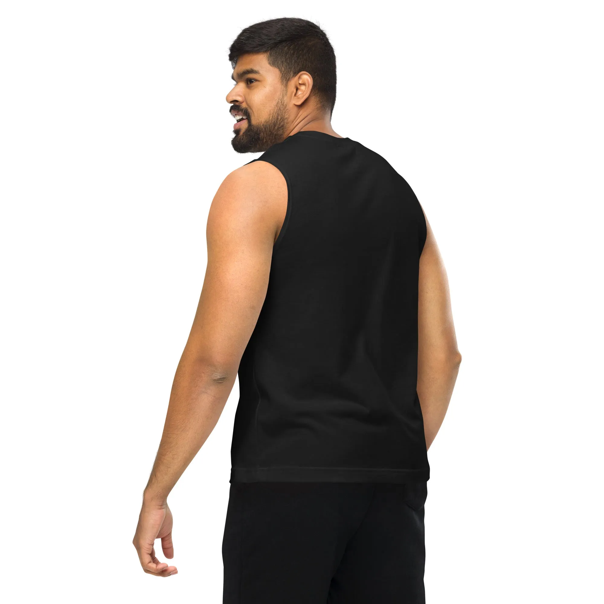 One of Them Embroidered Left Chest Design on Black Relaxed Fit Sleeveless Tank Top