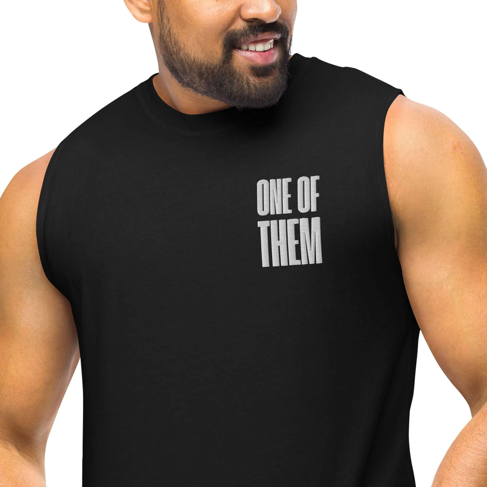 One of Them Embroidered Left Chest Design on Black Relaxed Fit Sleeveless Tank Top