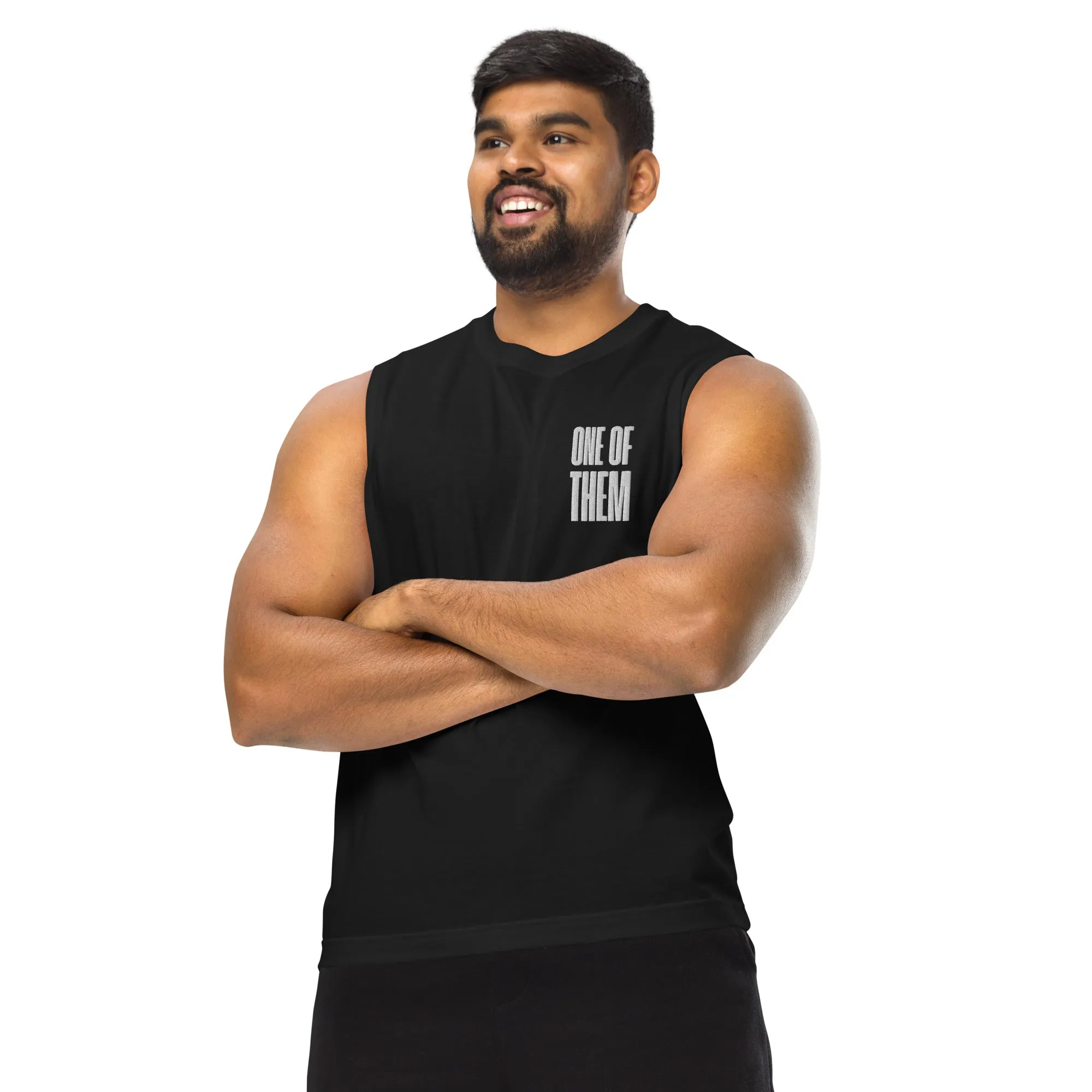 One of Them Embroidered Left Chest Design on Black Relaxed Fit Sleeveless Tank Top