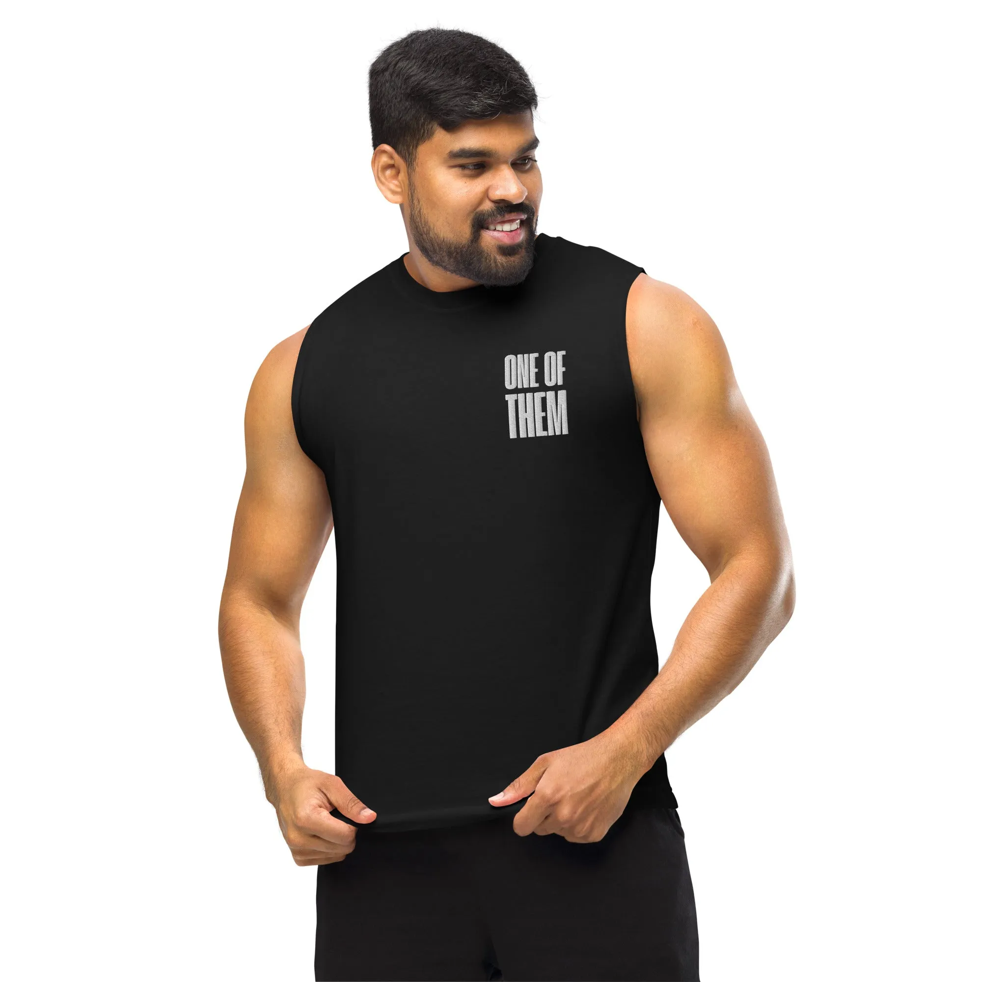 One of Them Embroidered Left Chest Design on Black Relaxed Fit Sleeveless Tank Top