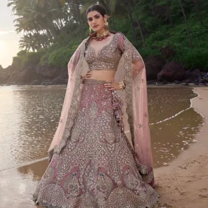 Onion Pink Lehenga in Net and Silk with Exquisite Zardosi Work
