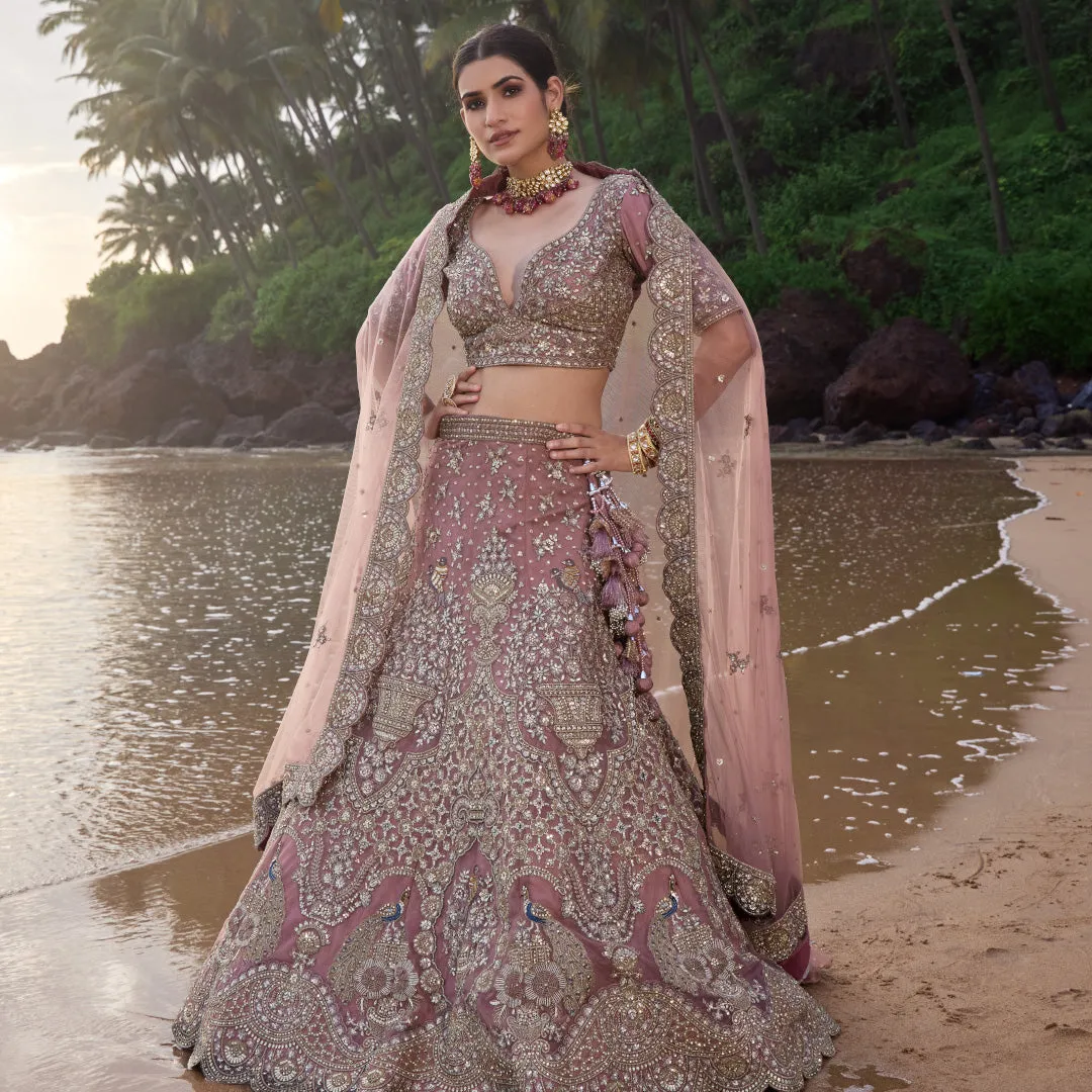 Onion Pink Lehenga in Net and Silk with Exquisite Zardosi Work