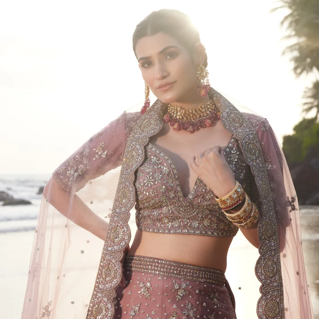 Onion Pink Lehenga in Net and Silk with Exquisite Zardosi Work