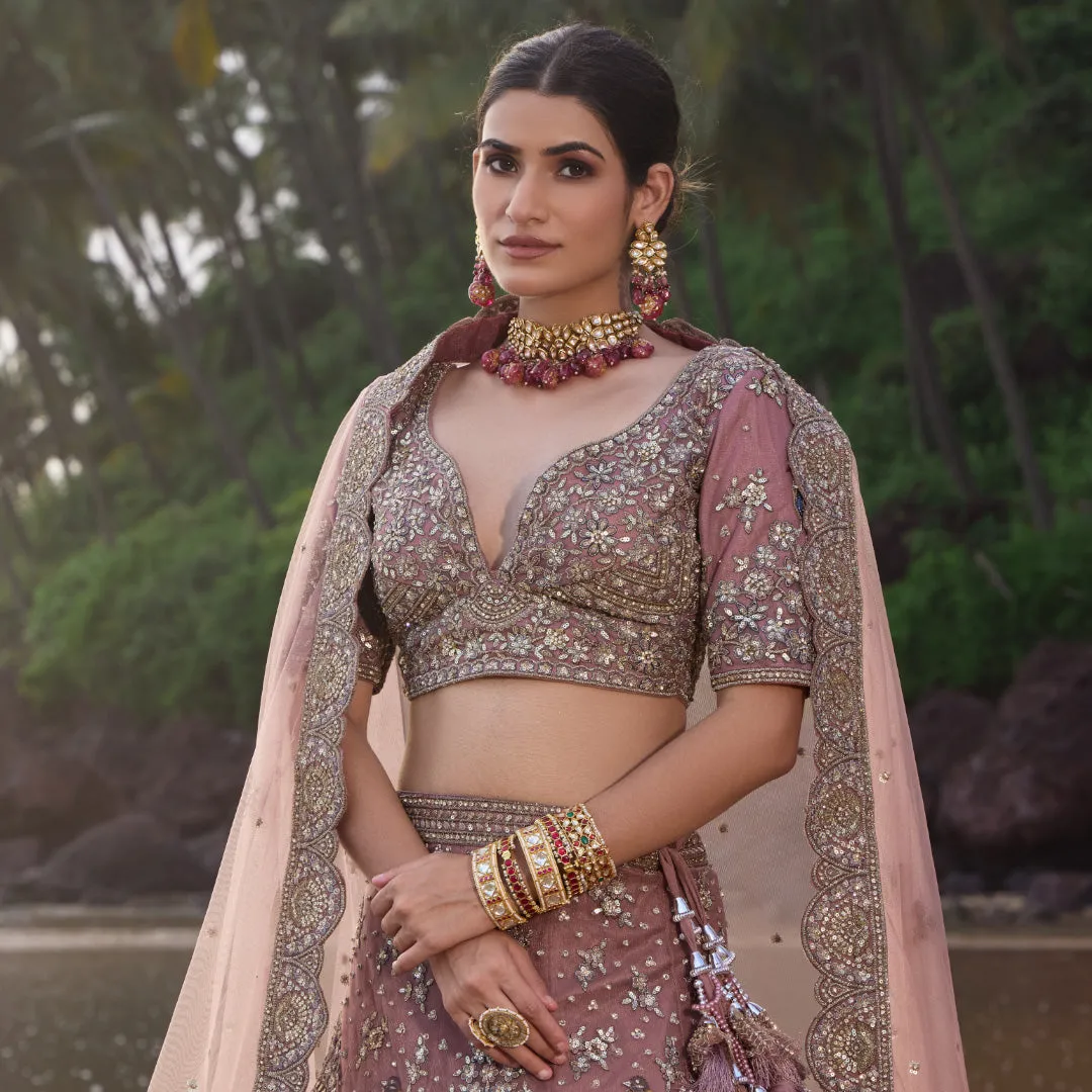 Onion Pink Lehenga in Net and Silk with Exquisite Zardosi Work