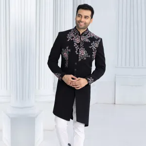 Opulent Black Sherwani with Exquisite Floral Motifs for Mens's
